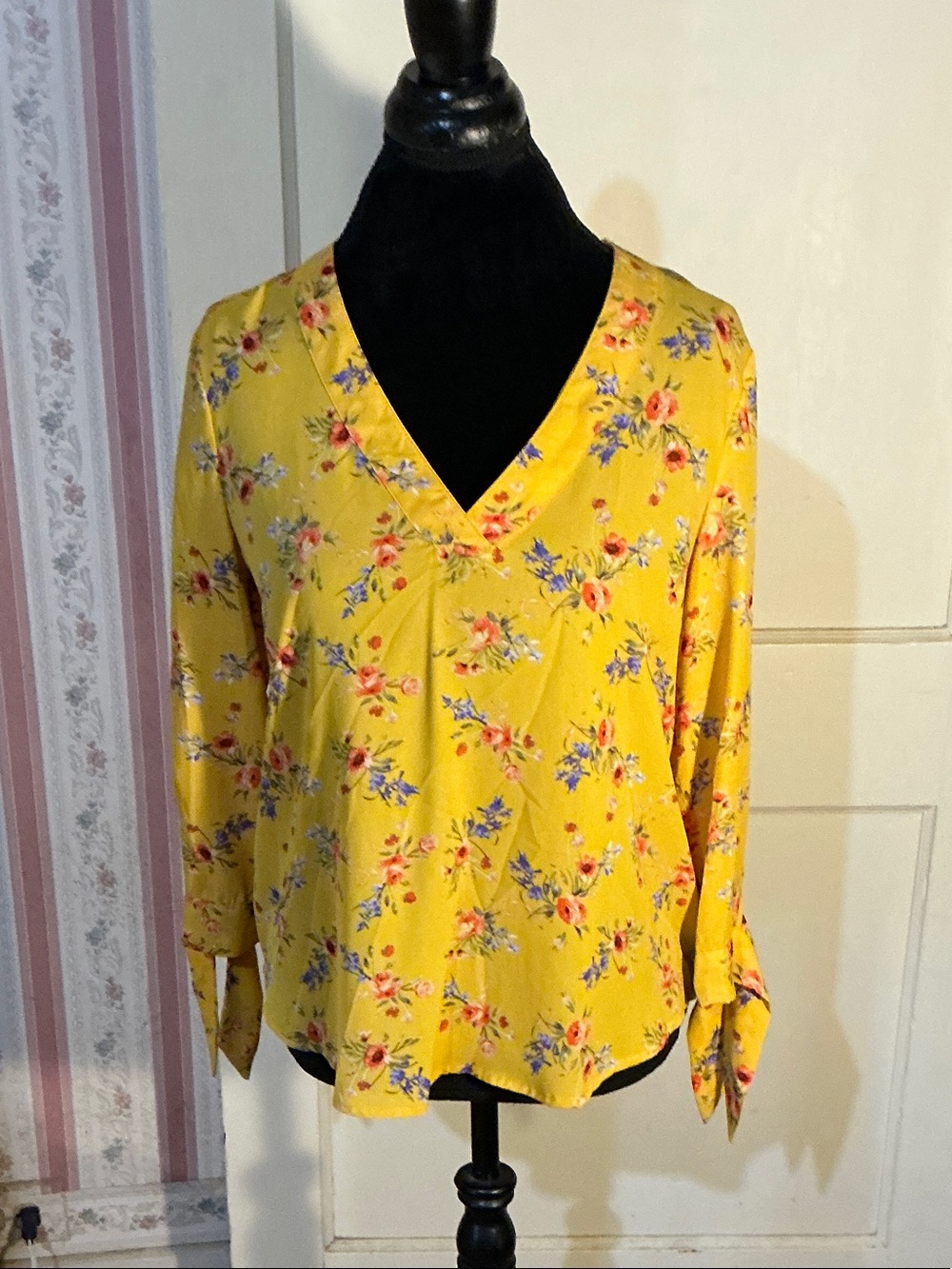 Wishful Park Yellow Floral V-Neck Tie-Cuff Blouse